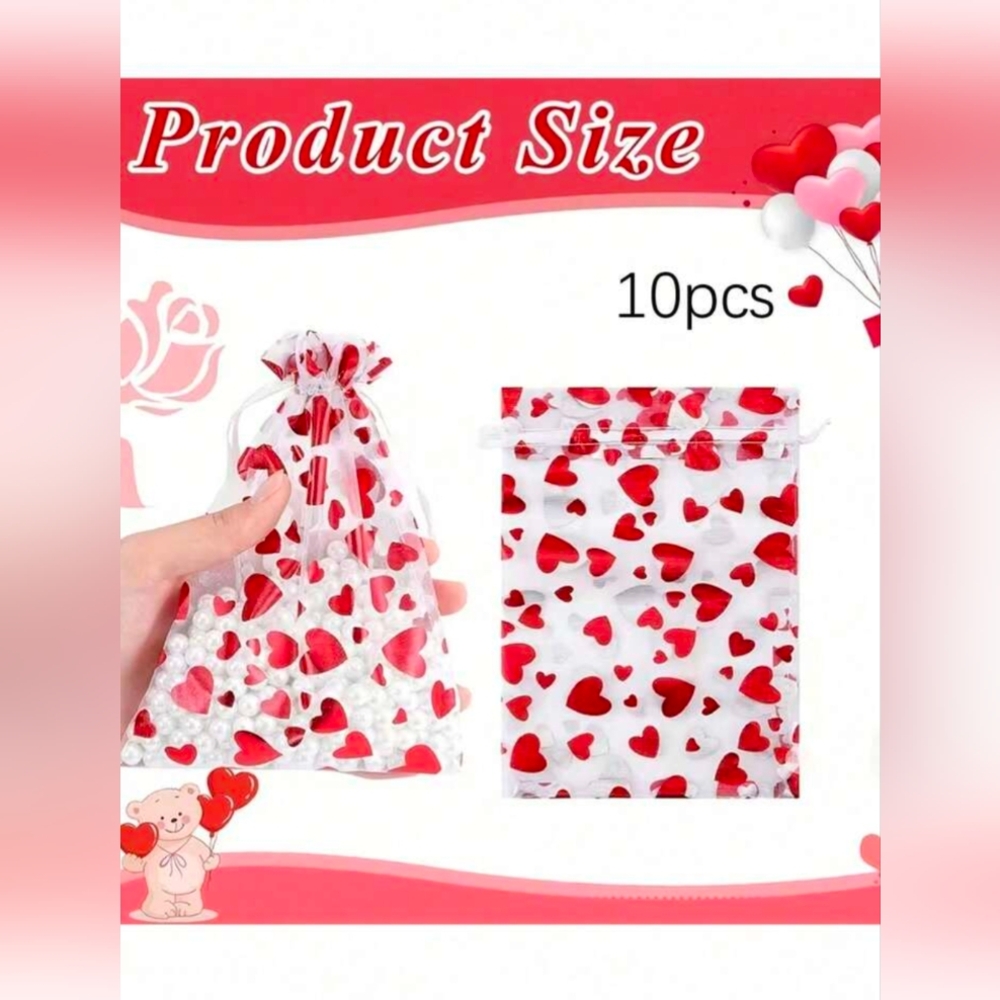 10pcs Red Heart Pink and Gold Organza Gift Bags - Picture 2 of 4